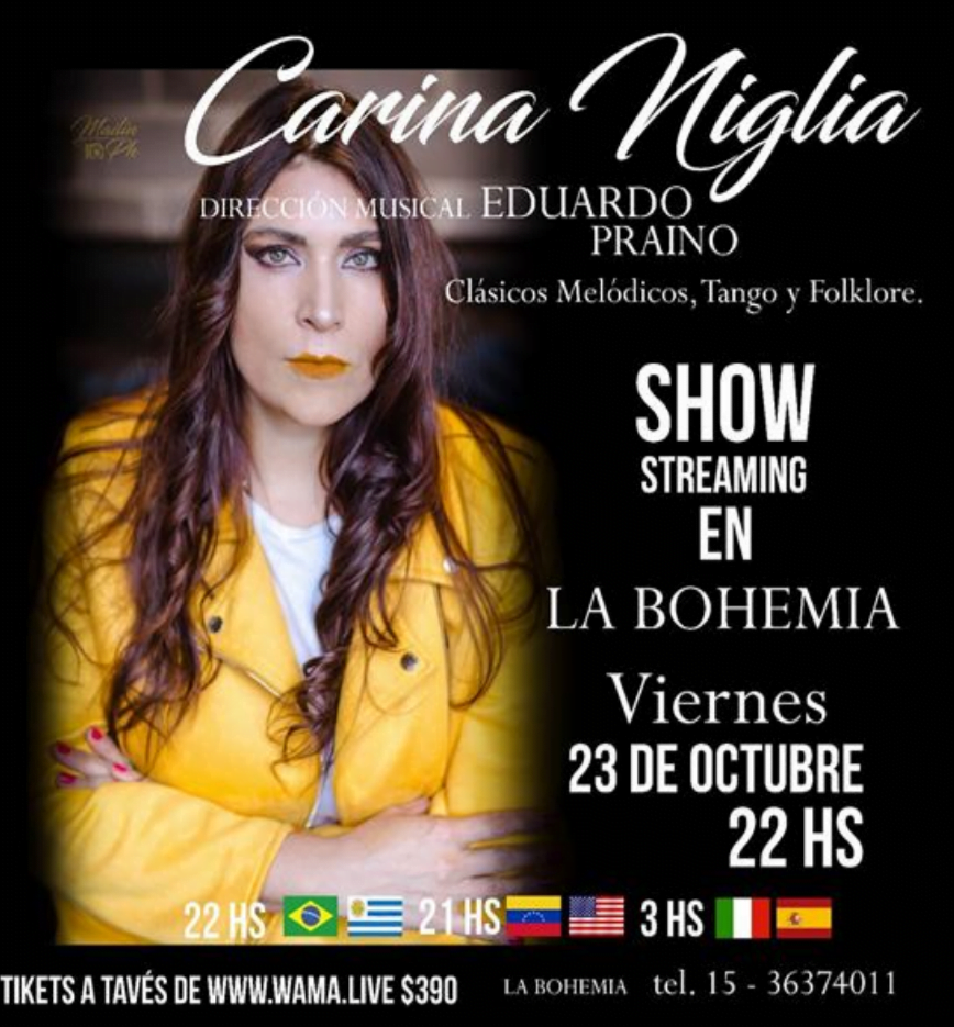 Carina Niglia presenta un show por streaming desde La Bohemia