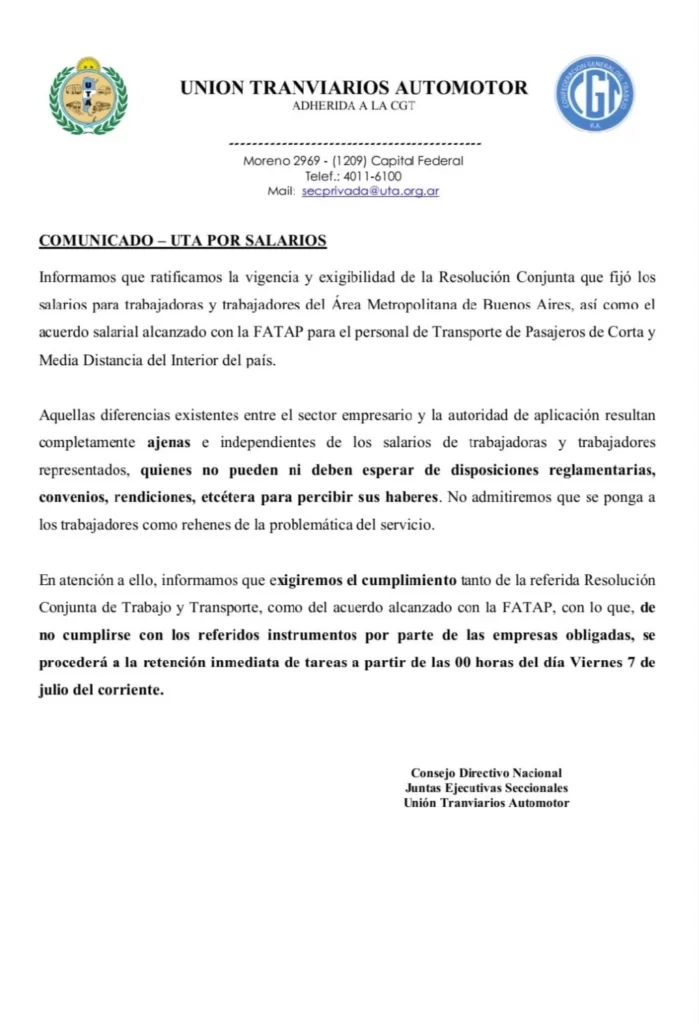 La UTA anuncia paro nacional de colectivos para el viernes, excepto en Mar del Plata 3 comu