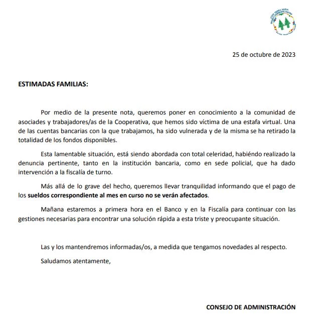 Estafa: Escuela de Mar del Plata víctima de un ciberataque que afecta los sueldos de decenas de empleados 3 carta