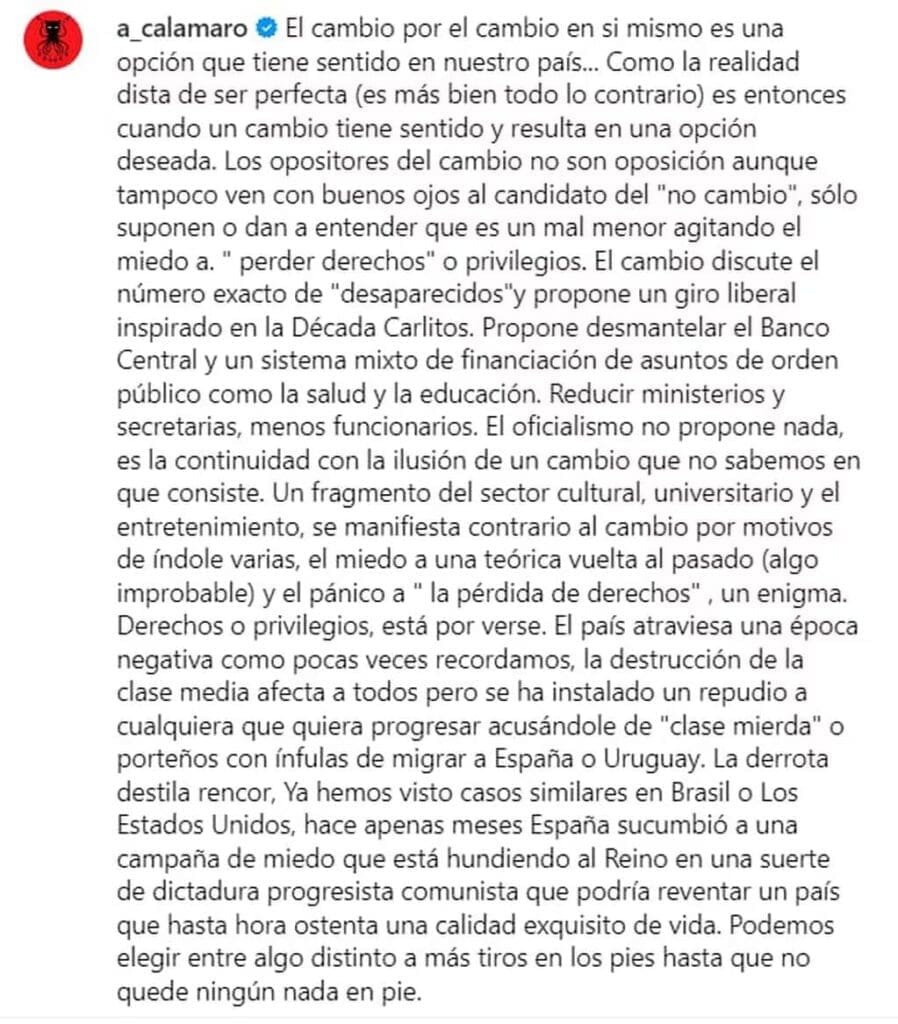 ¿Massa o Milei? Andrés Calamaro posteo sobre política en sus redes y desató una polémica 3 calamaro