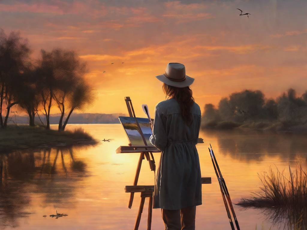 una pintora en un atardecer pintando una laguna
