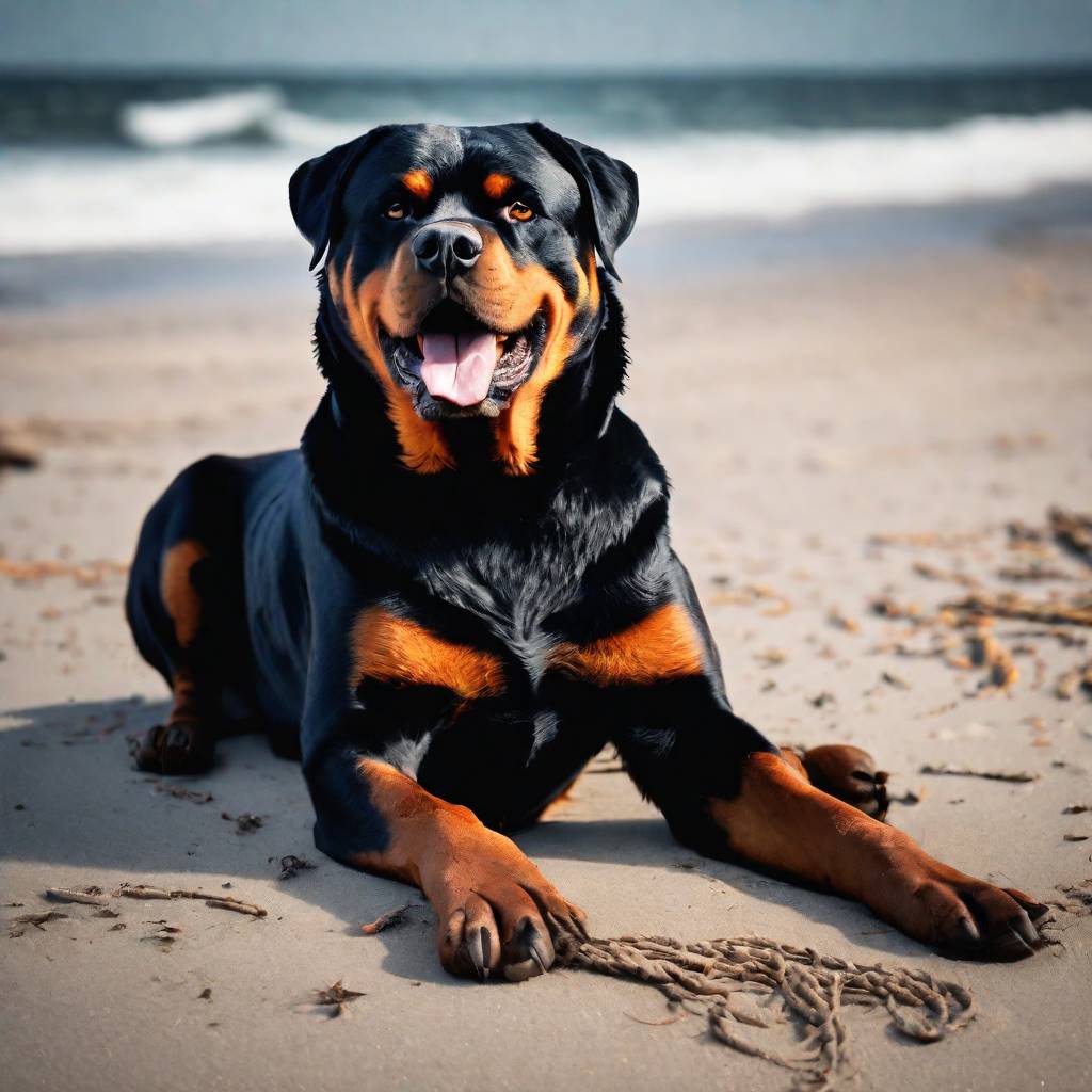 perro rottweiler enojado en una playa