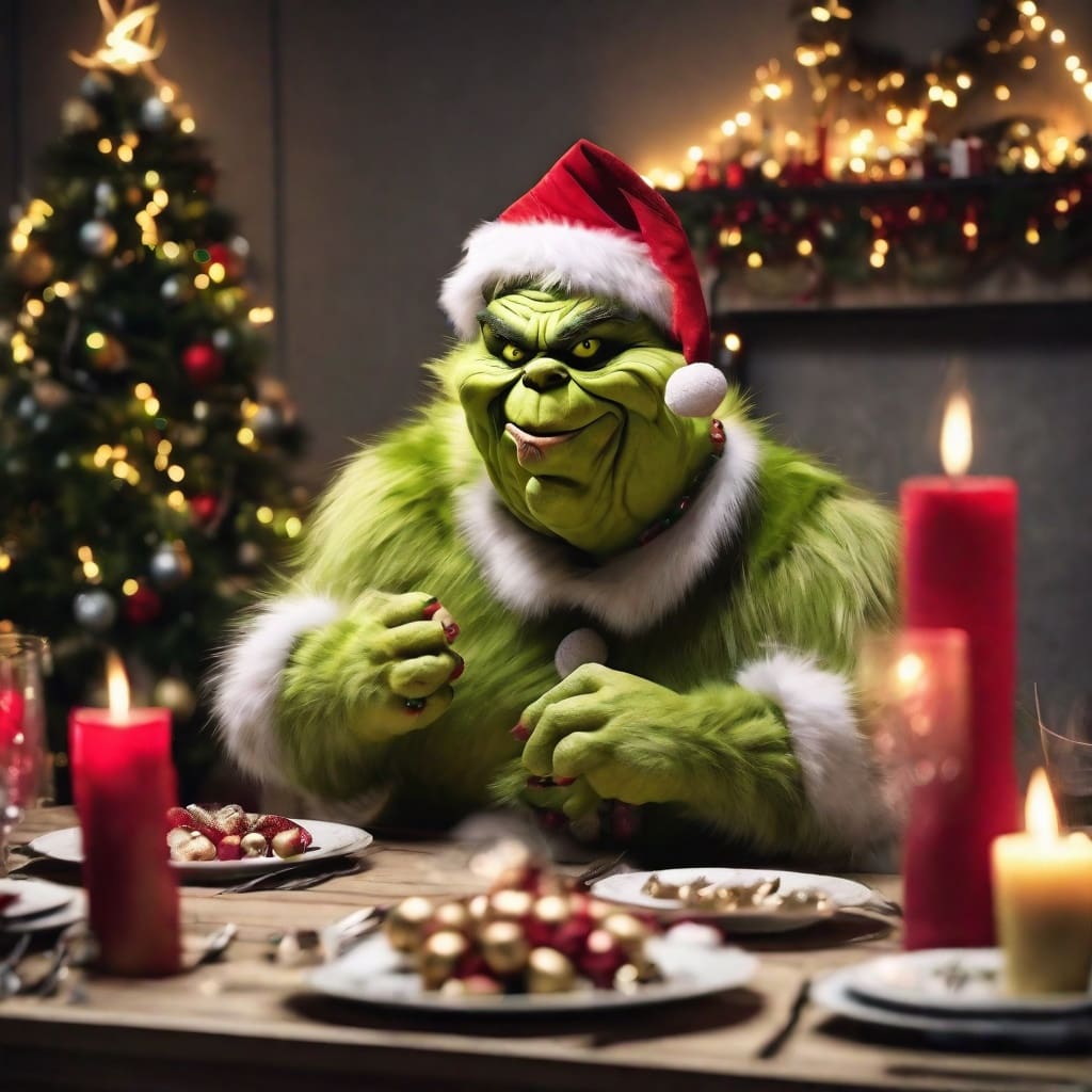 un Grinch atacando una mesa navidena