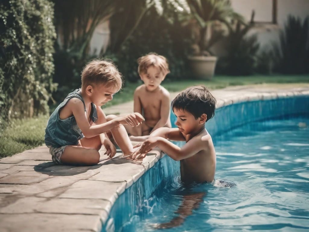 unos ninos jugando al aire libre al lado de una pileta