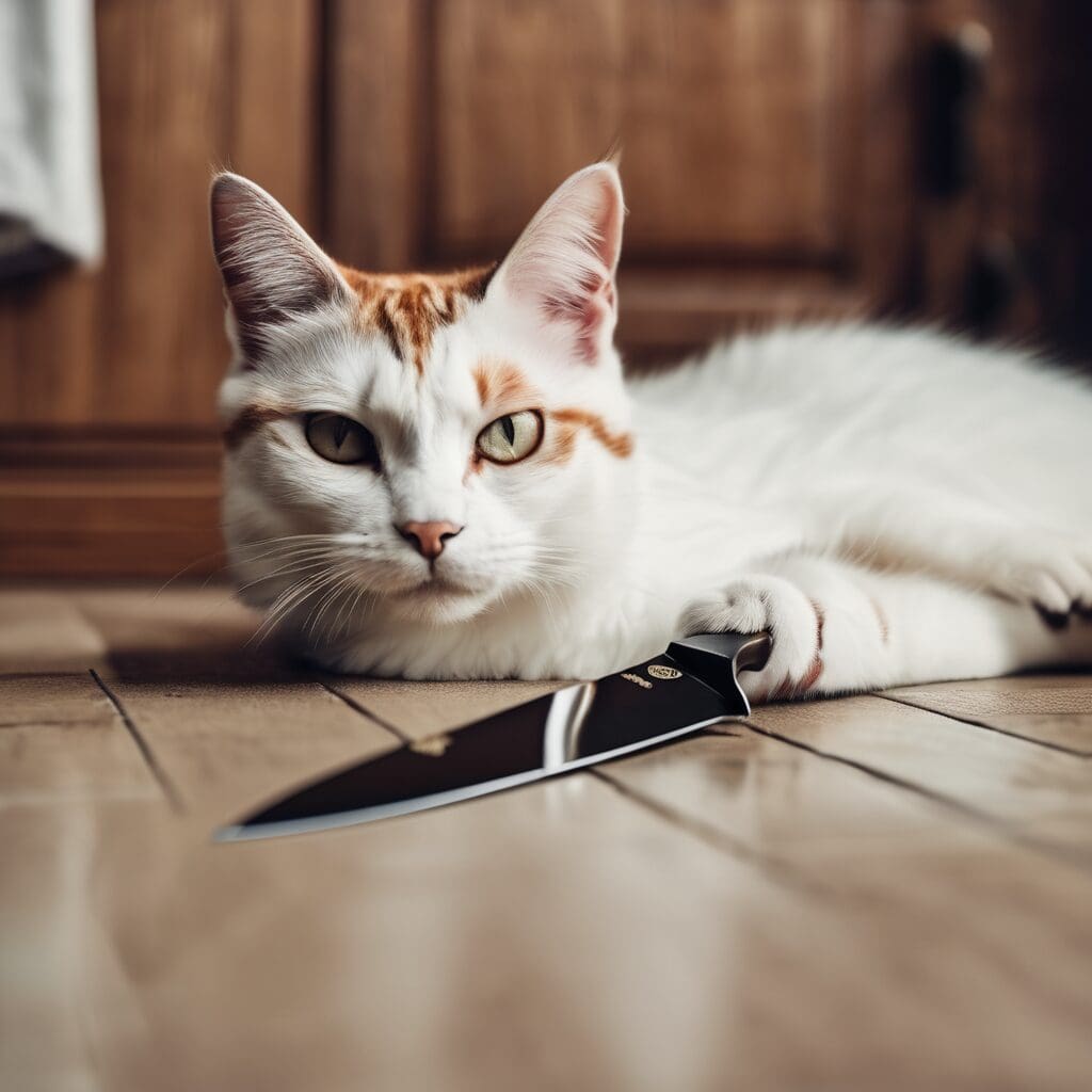 Una gata tirada en el piso al lado de una cuchilla con mango blanco 2