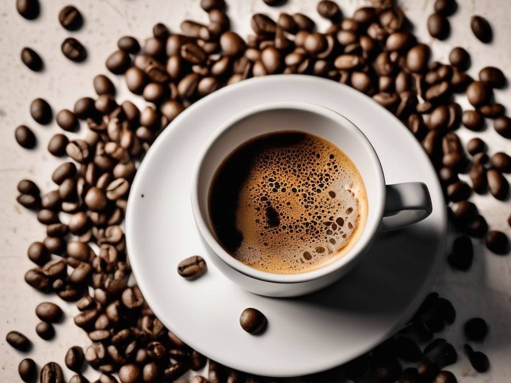 plano corto de una taza de cafe sobre una mesa y granos de cafe y un billete 1