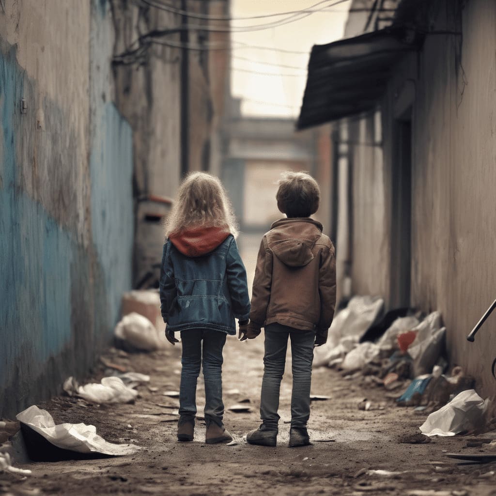 plano de corto de dos ninos de espalda en un callejon colmado de basura y piso de tierra 1
