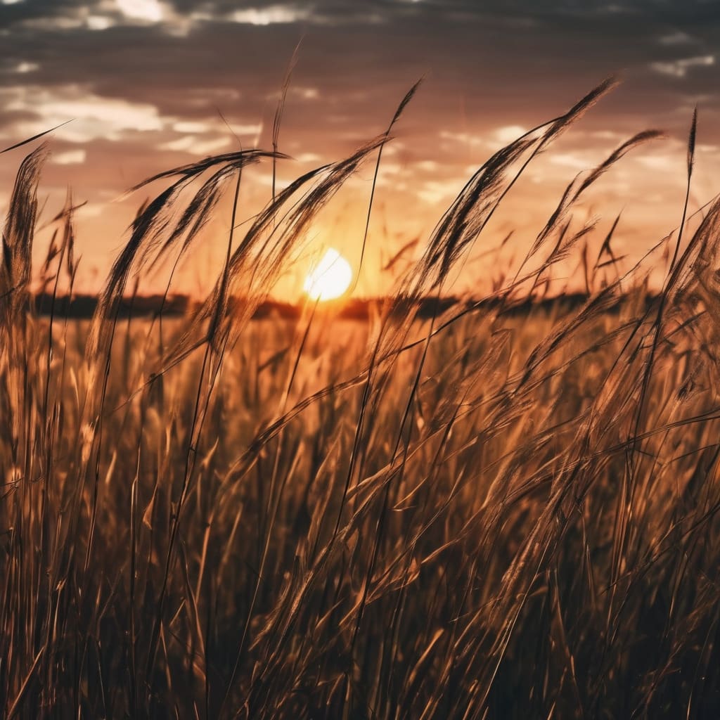 campo con pastizales altos y un atardecer de fondo sin edificaciones 1
