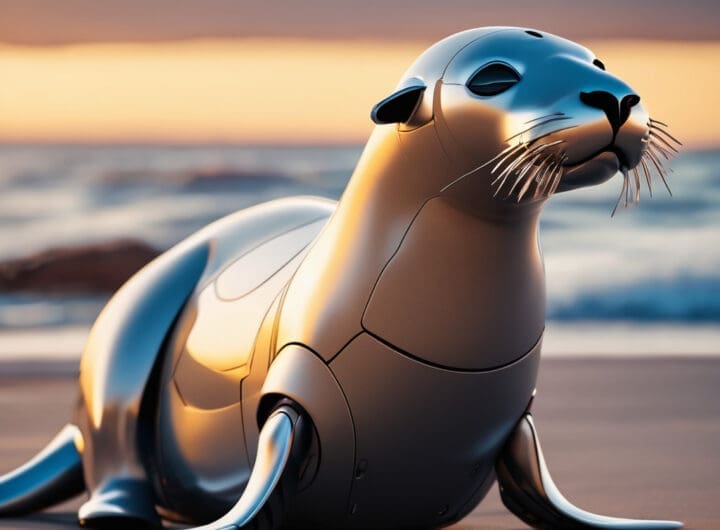 plano corto de un lobo marino robot a la orilla del mar al amanecer 1
