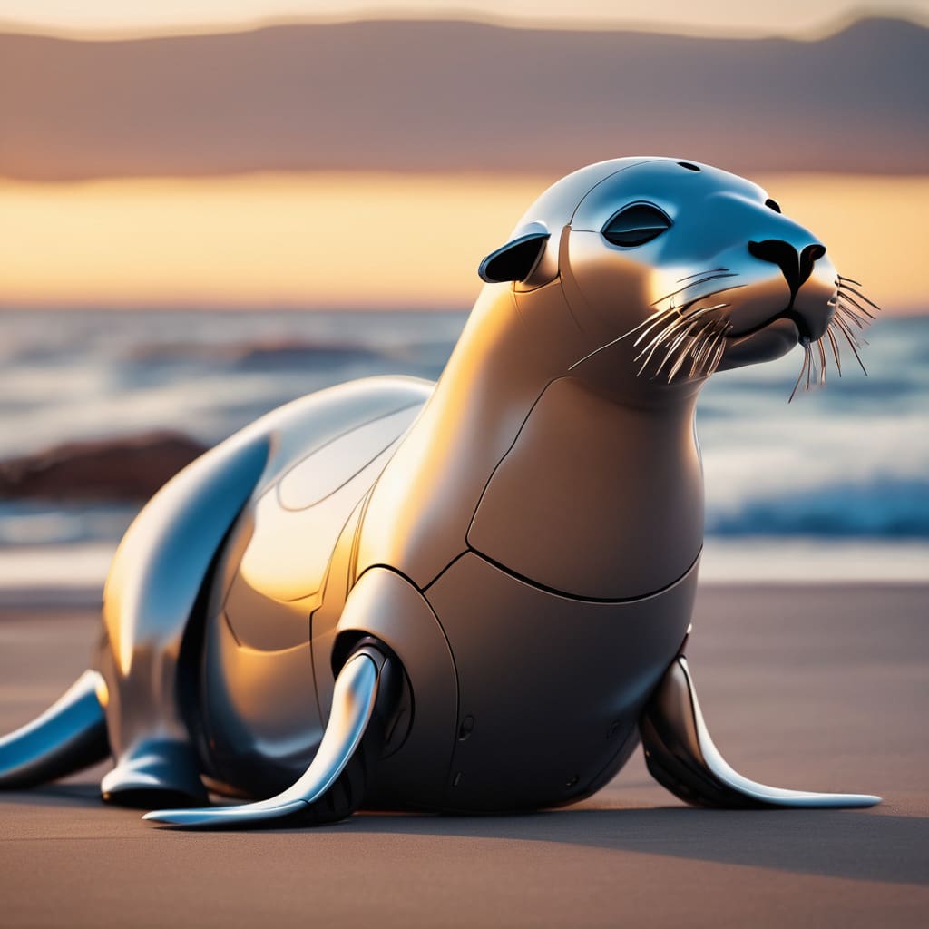 plano corto de un lobo marino robot a la orilla del mar al amanecer 1