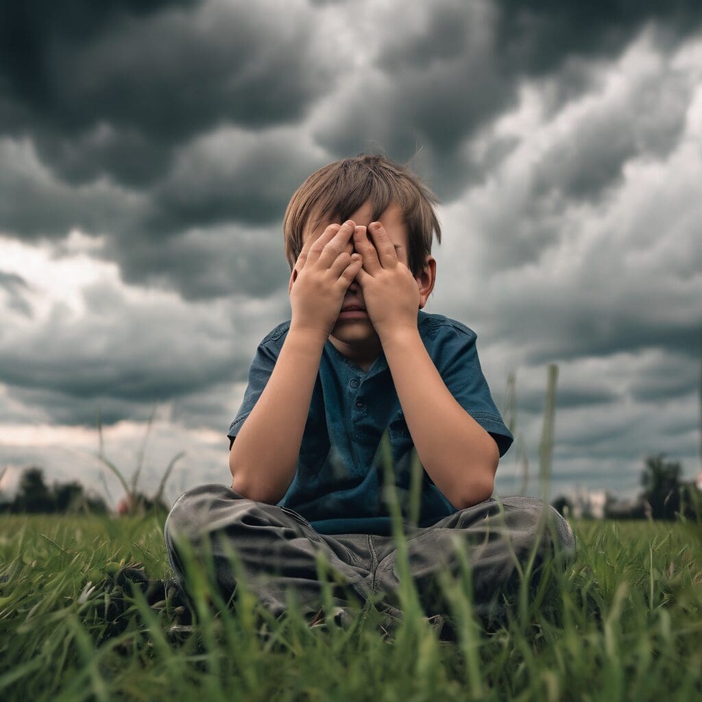 plano corto de un nino nos sentado en el pasto tapandose la cara con cielo nublado amenzante