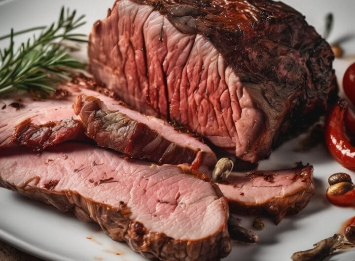 plano corto de un trozo de carne asado en un plato