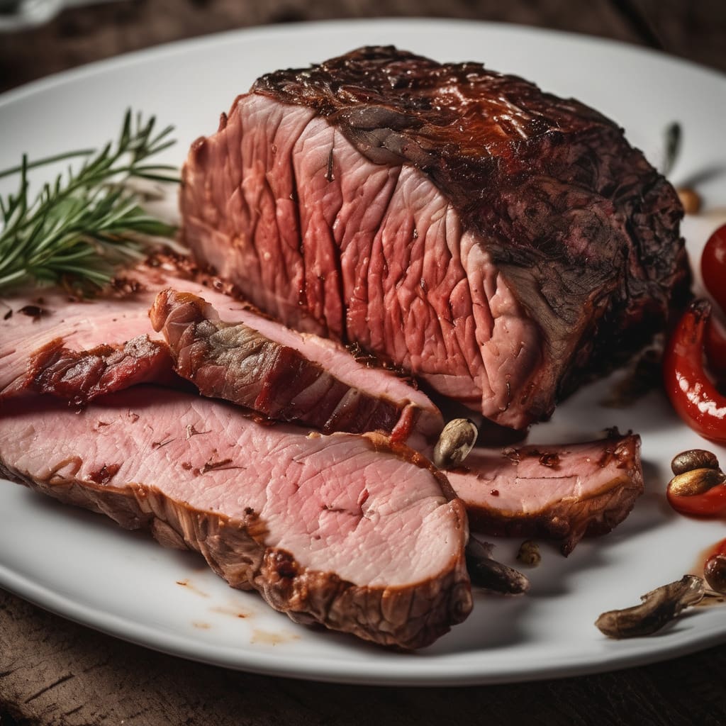 plano corto de un trozo de carne asado en un plato