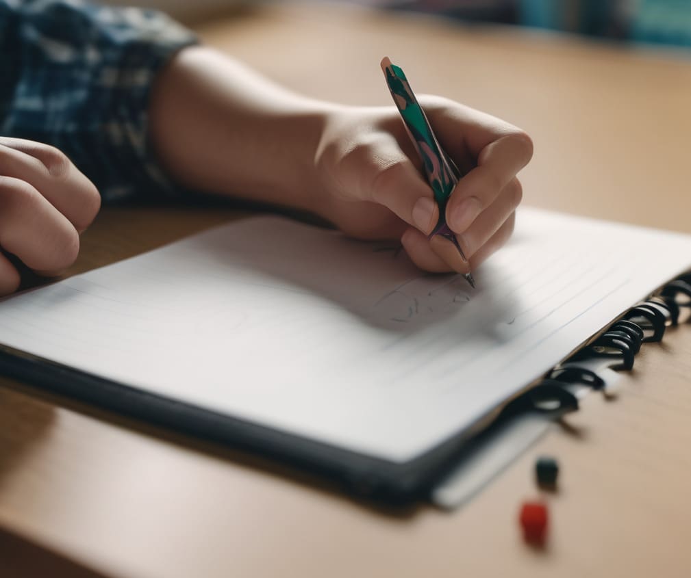 plano corto de una mano escribiendo sobre un pupitre de escuela 1