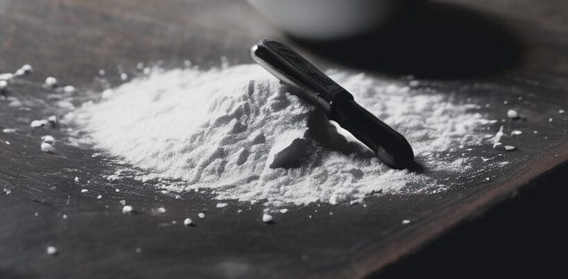 plano corto de una mesa en un lugar oscuro con un poco de talco y una hoja de afeitar sobre ella 1 1