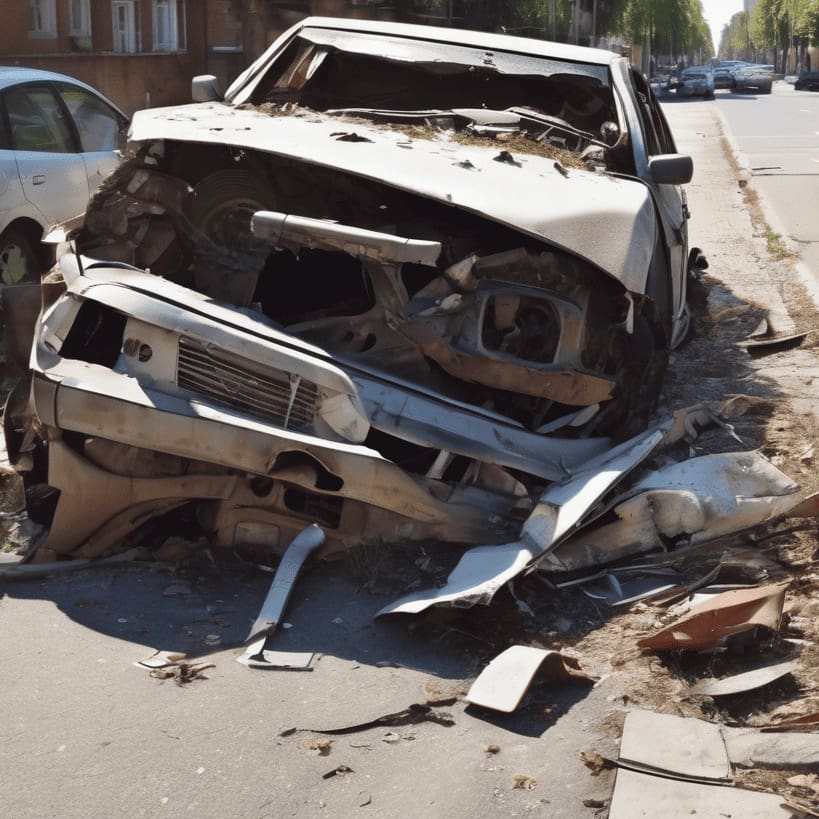 restos de un automovil que choco sobre la acera. plano corto dia soleado 1 3