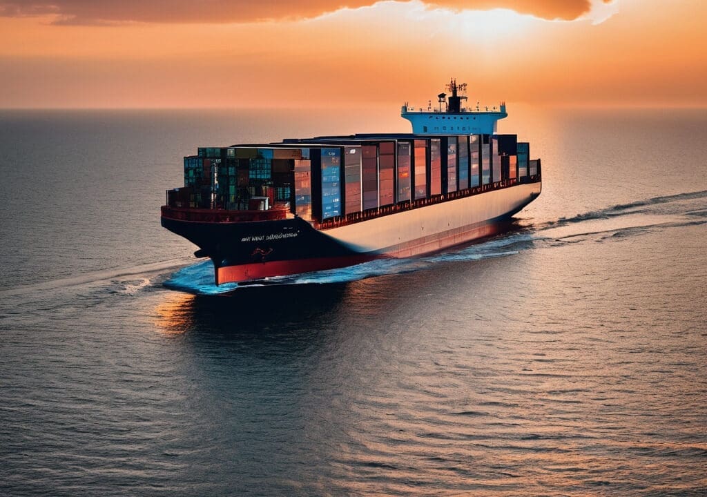 barco portacontenedores en el mar con un atardecer de fondo png