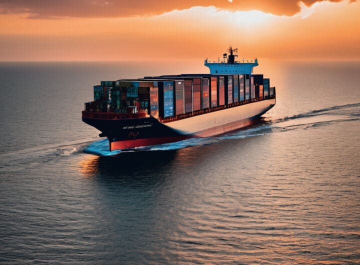 barco portacontenedores en el mar con un atardecer de fondo png