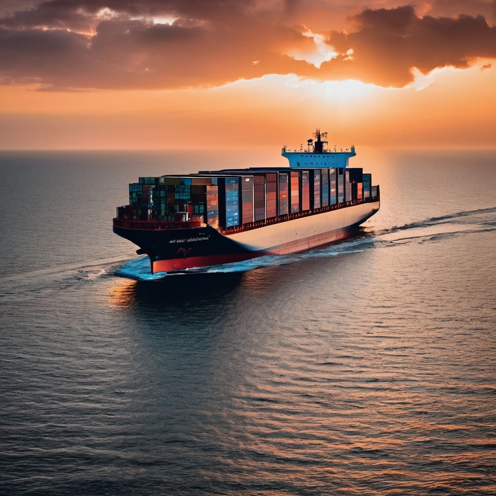 barco portacontenedores en el mar con un atardecer de fondo png