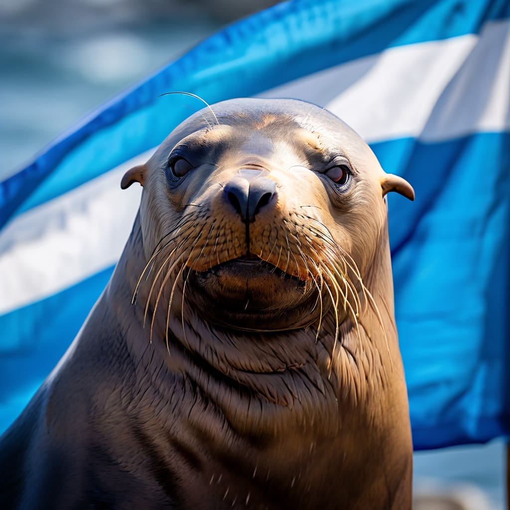 un lobo marino con una bandera azul y blanca png