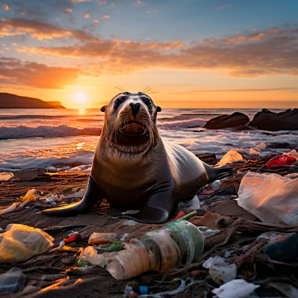 un lobo marino en medio de basura plastica en la arena con el atardecer y el mar de fondo png 1