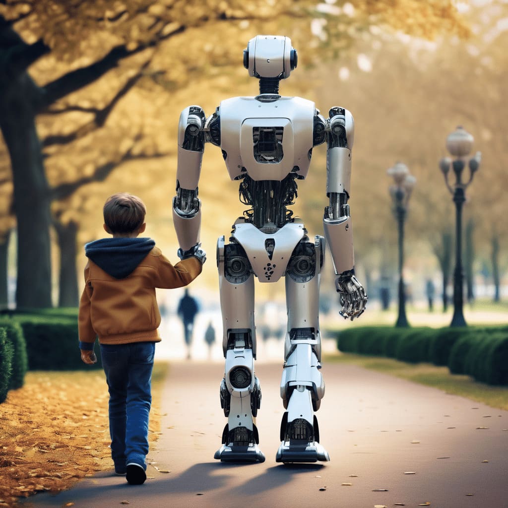 Imagen realista de Un robot humanoide con IA camina de espaldas con un nino tomando de la mano en un Parque png 1