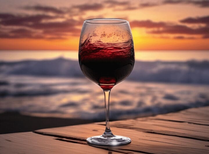Una copa de vino tinto a la orilla del Mar con el atardecer de fondo png 1