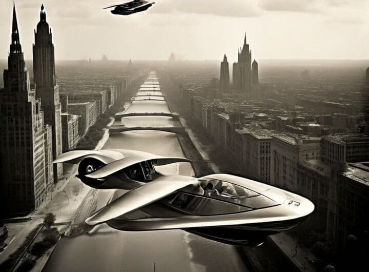 foto de 1920 pero con una representacion de como seria el 2068 en el futuro agrega autos voladores futuristas volando png 1