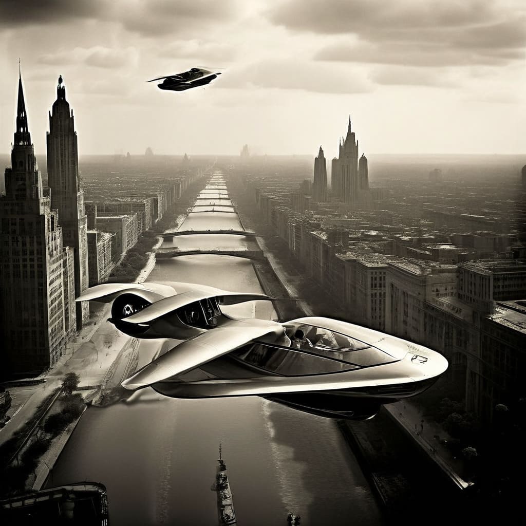 foto de 1920 pero con una representacion de como seria el 2068 en el futuro agrega autos voladores futuristas volando png 1