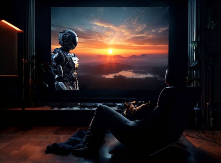 homo primus e inteligencia artificial mirando el amanecer png