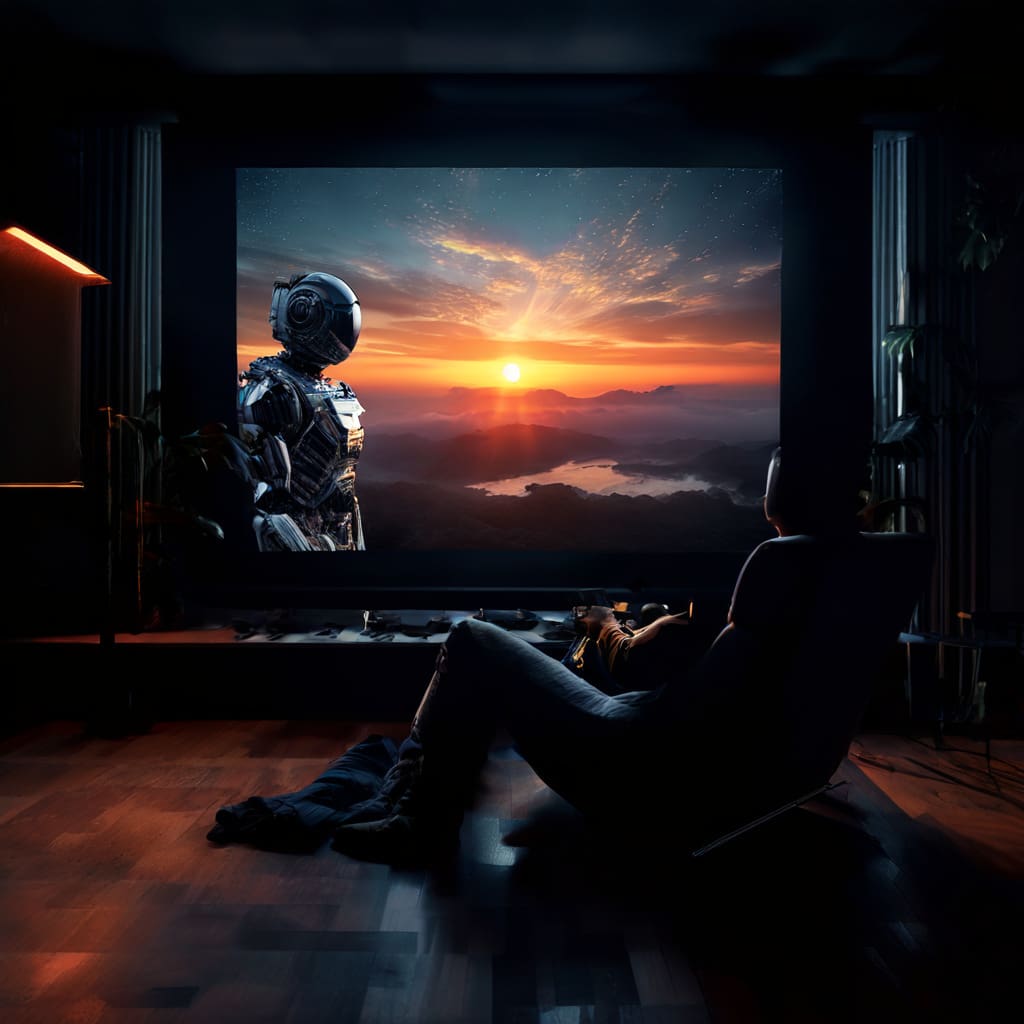 homo primus e inteligencia artificial mirando el amanecer png