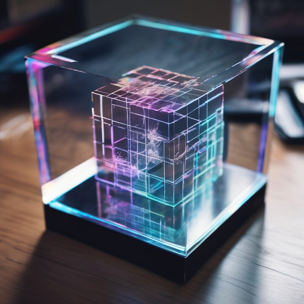 un cubo holografico refleja la imagen de un hombre sobre un escritorio desordenado png 3