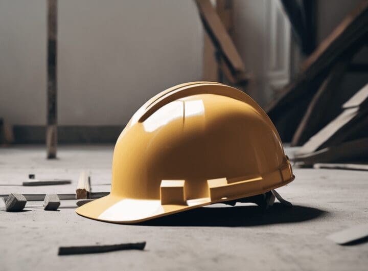 plano corto de un casco de construccion junto a otros elementos en el piso detras una obra minimalista png 1