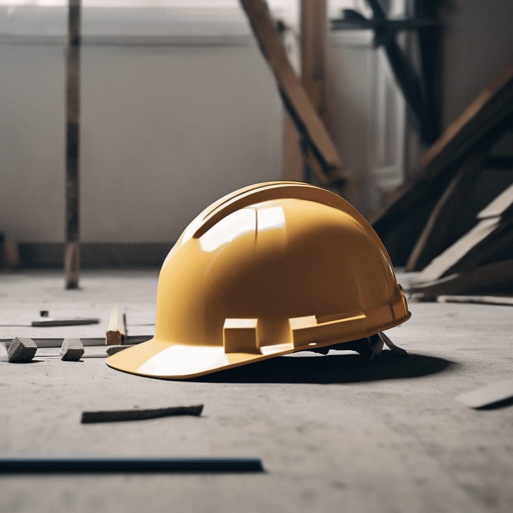 plano corto de un casco de construccion junto a otros elementos en el piso detras una obra minimalista png 1