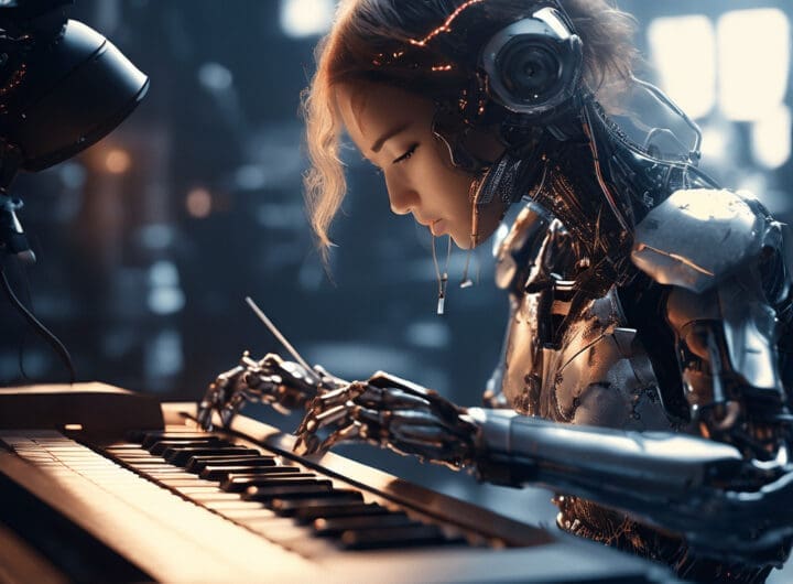 plano corto de un robot mujer componiendo musica png 1